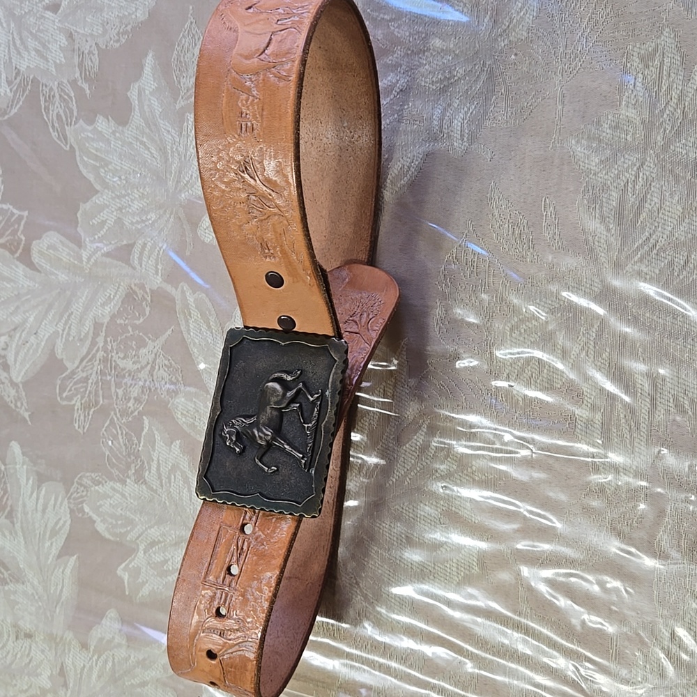 Vintage Leather Belt With Embossed Horse Scene + Brass Horse Buckle